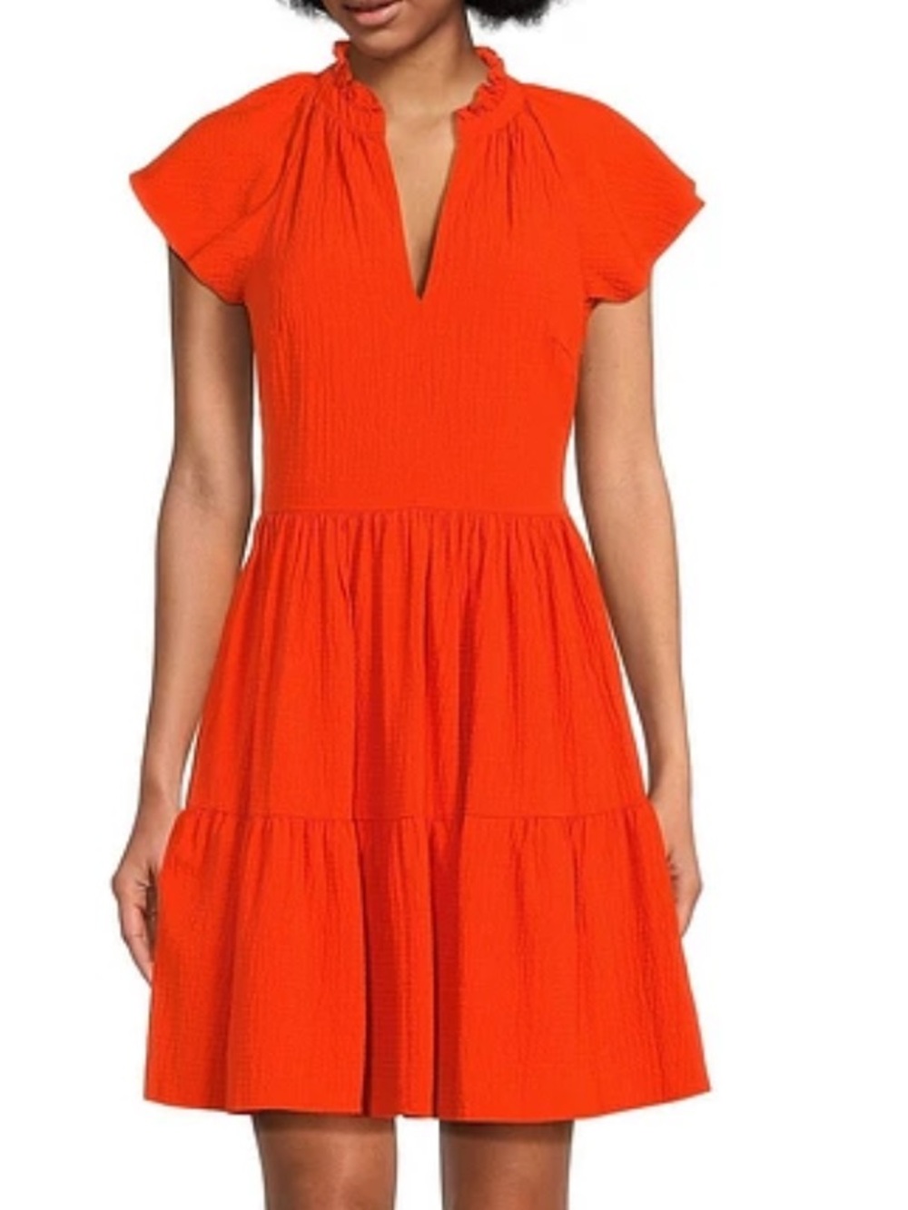 Alex Marie Bright Vanya V-Neck Orange Tiered Flutter-Sleeve Dress